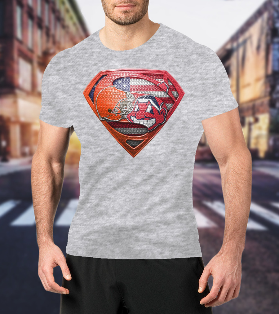 Superman Shield Cleveland Browns Helmet Chief Wahoo American Flag T-Shirt