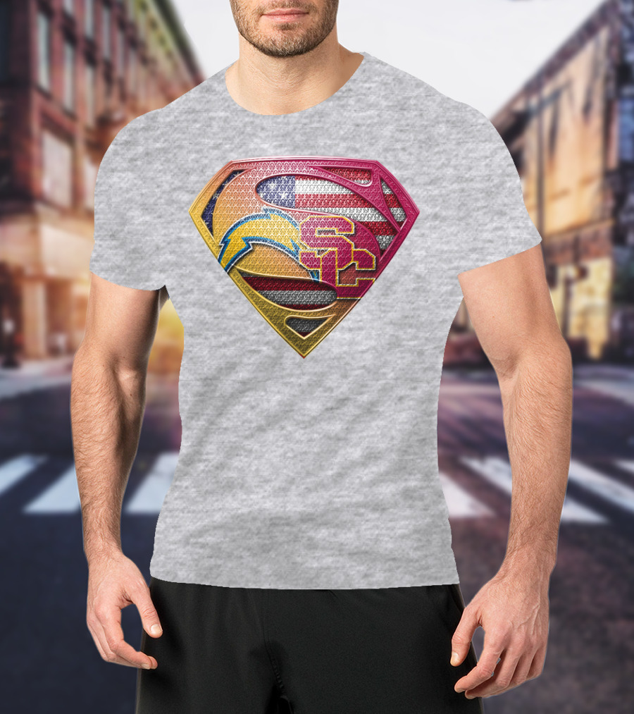 Superman Chargers Trojans American Flag Emblem On Gray T-Shirt