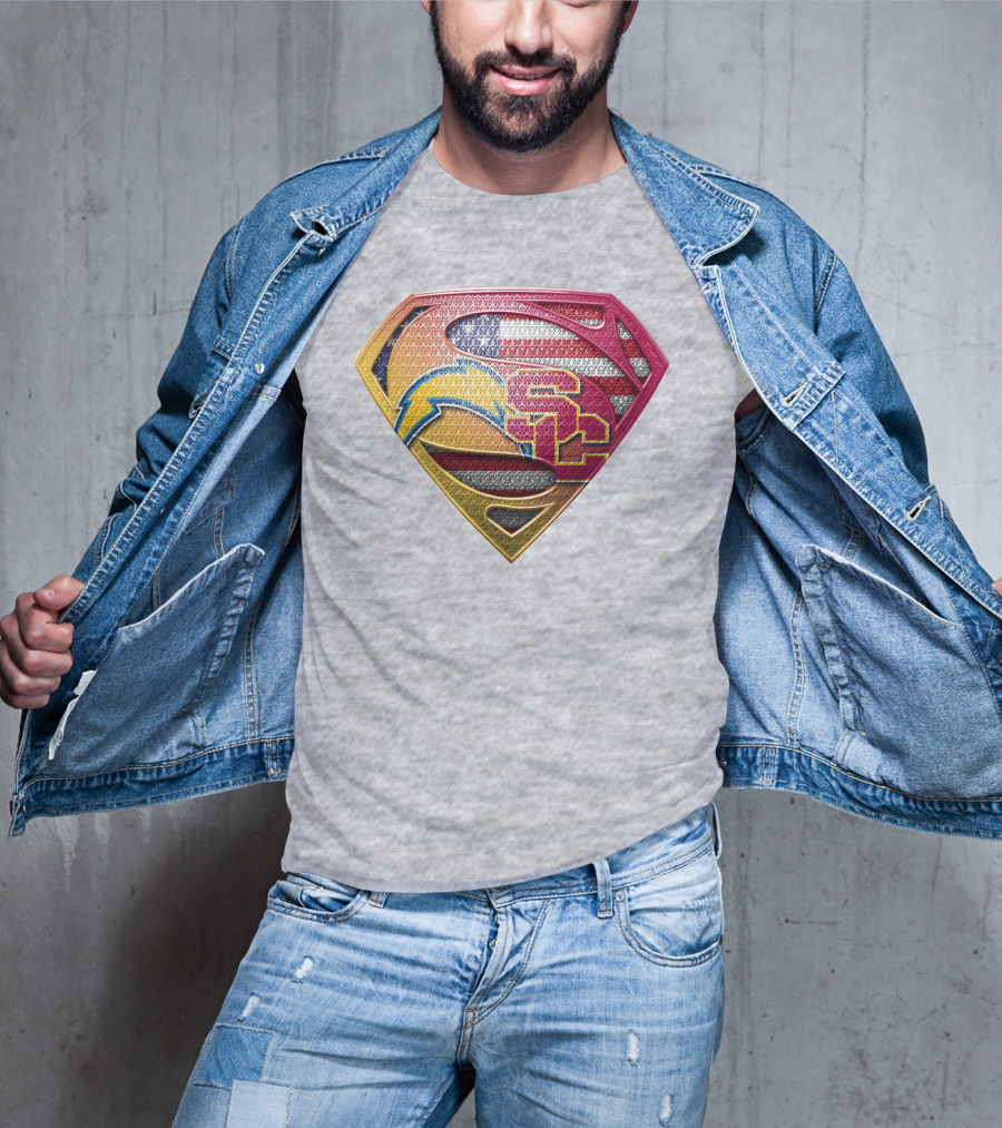 Superman Chargers Trojans American Flag Emblem On Gray T-Shirt