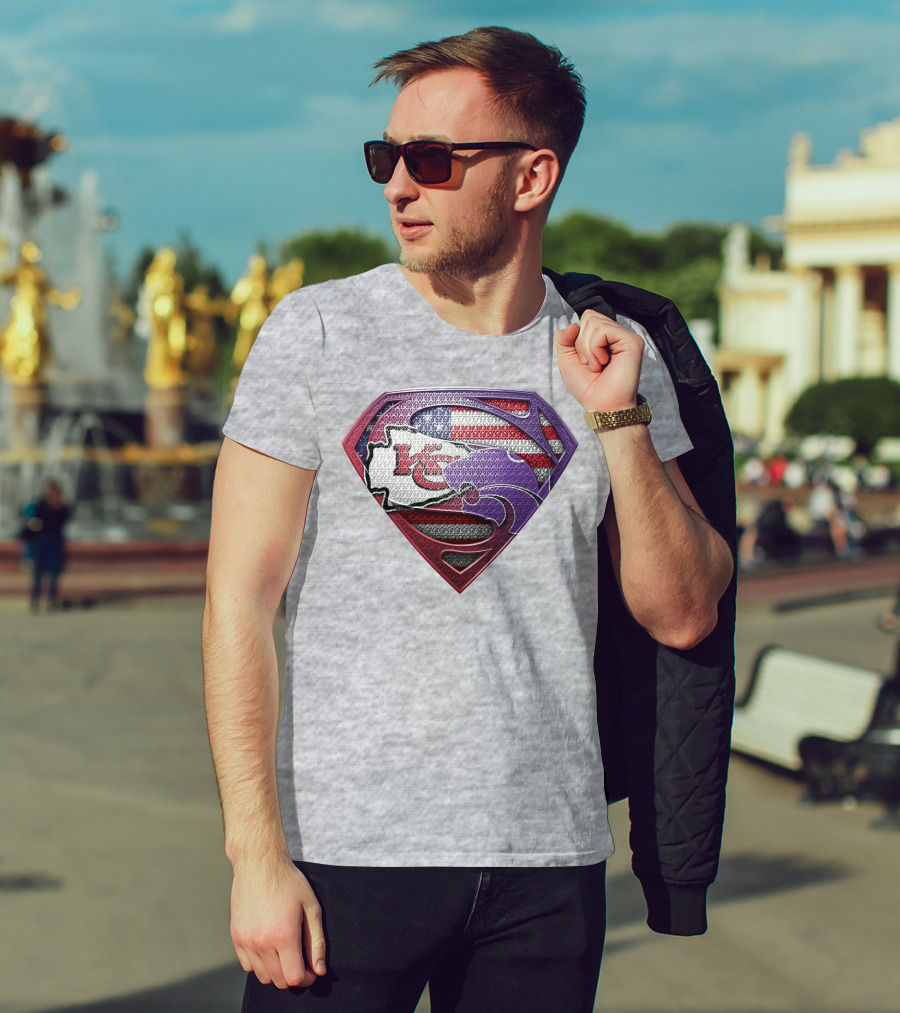 Kansas City Chiefs Superman Logo With American Flag And Kansas Map T-Shirt