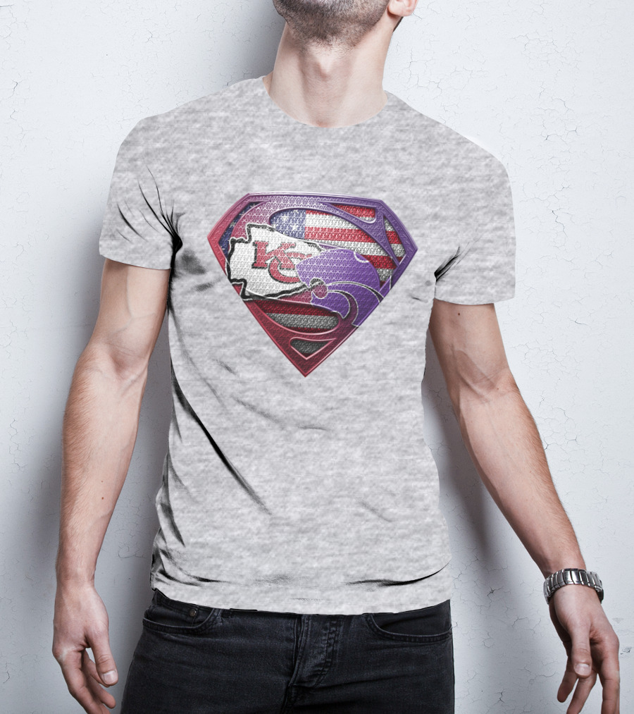 Kansas City Chiefs Superman Logo With American Flag And Kansas Map T-Shirt