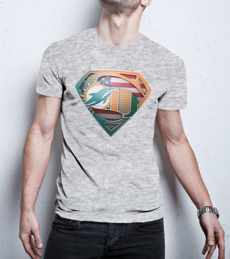 Miami Dolphins University Of Miami Superman Logo With American Flag T-Shirt