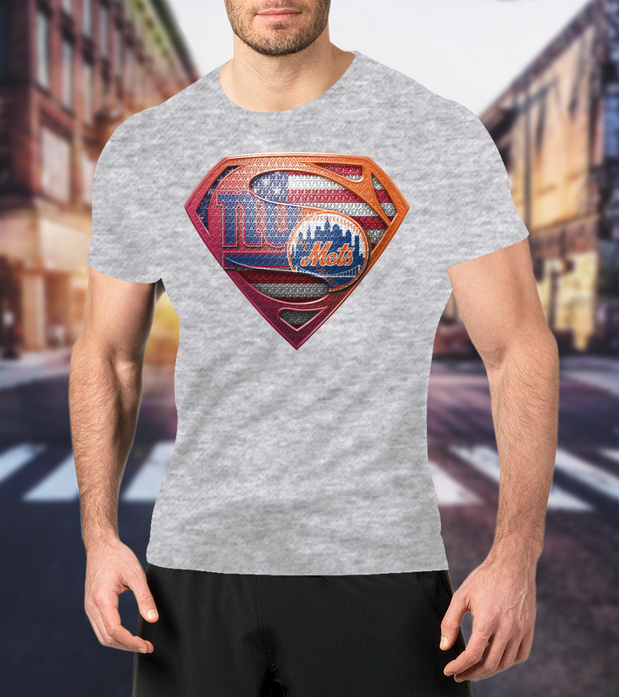 Giants Mets Superman Logo American Flag T-Shirt