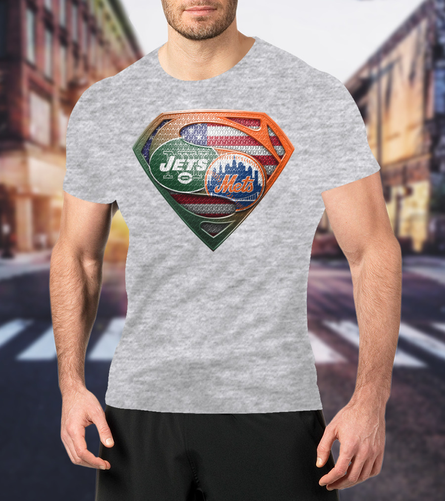 New York Jets Mets Logo With American Flag And Superman Shield T-Shirt
