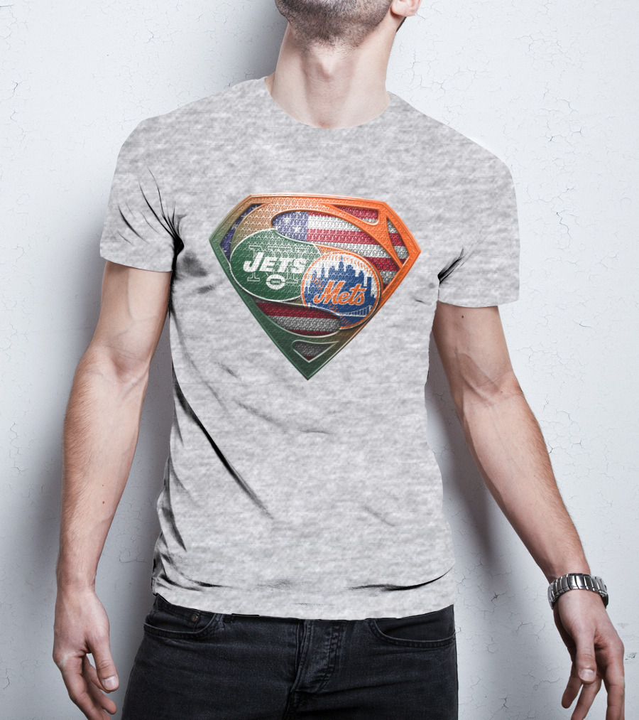 New York Jets Mets Logo With American Flag And Superman Shield T-Shirt