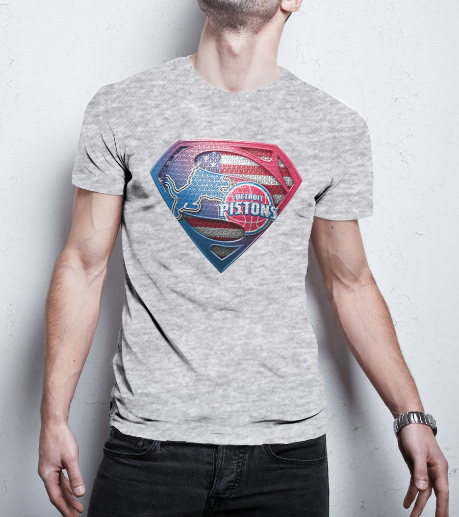 Detroit Pistons Lions Superman Logo Shaped Patch With American Flag T-Shirt