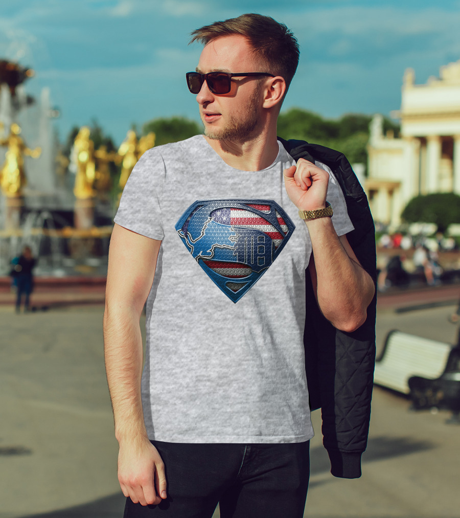 Detroit Lions American Flag Superhero Emblem T-Shirt