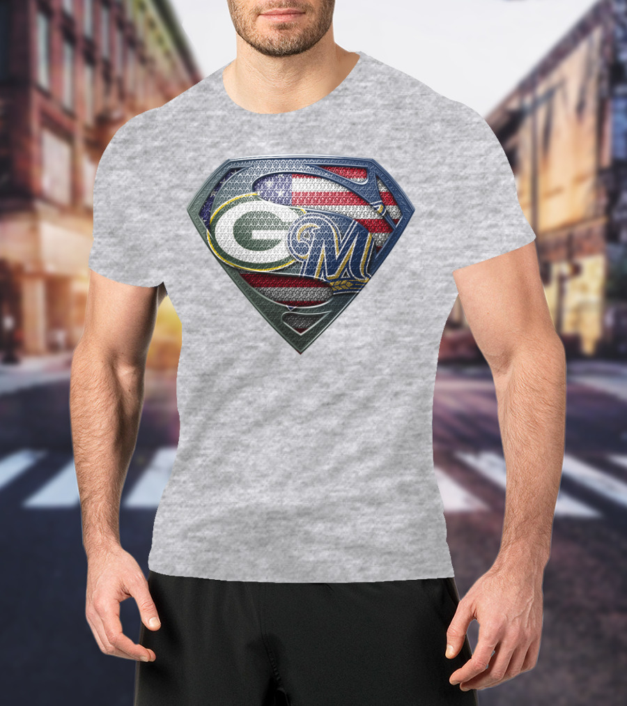 Green Bay Packers Milwaukee Brewers American Flag Superman T-Shirt