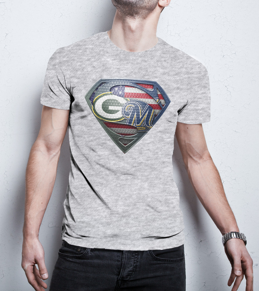 Green Bay Packers Milwaukee Brewers American Flag Superman T-Shirt