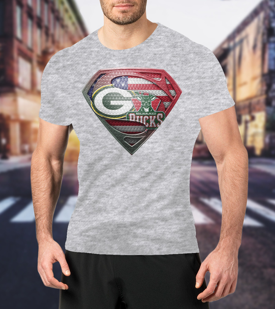 Green Bay Milwaukee Bucks Superman American Flag T-Shirt