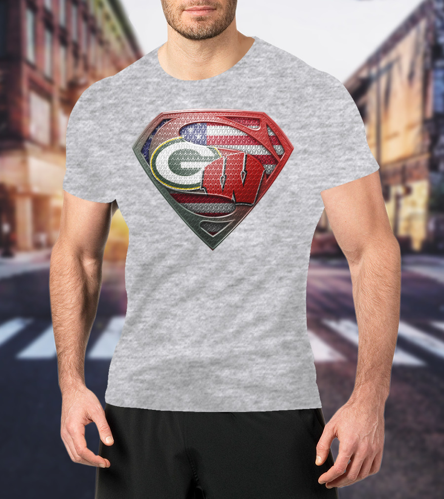 Green Bay Packers Wisconsin Badgers American Flag Superman Shield T-Shirt