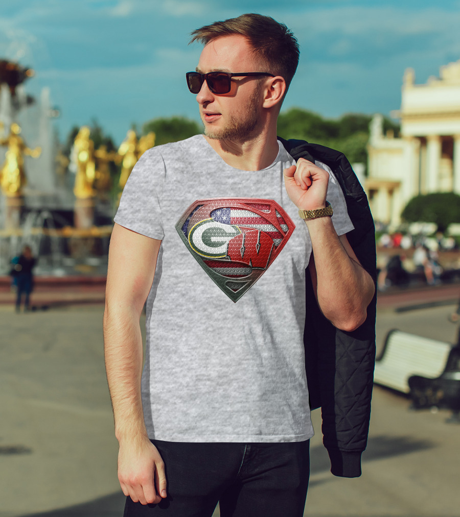 Green Bay Packers Wisconsin Badgers American Flag Superman Shield T-Shirt