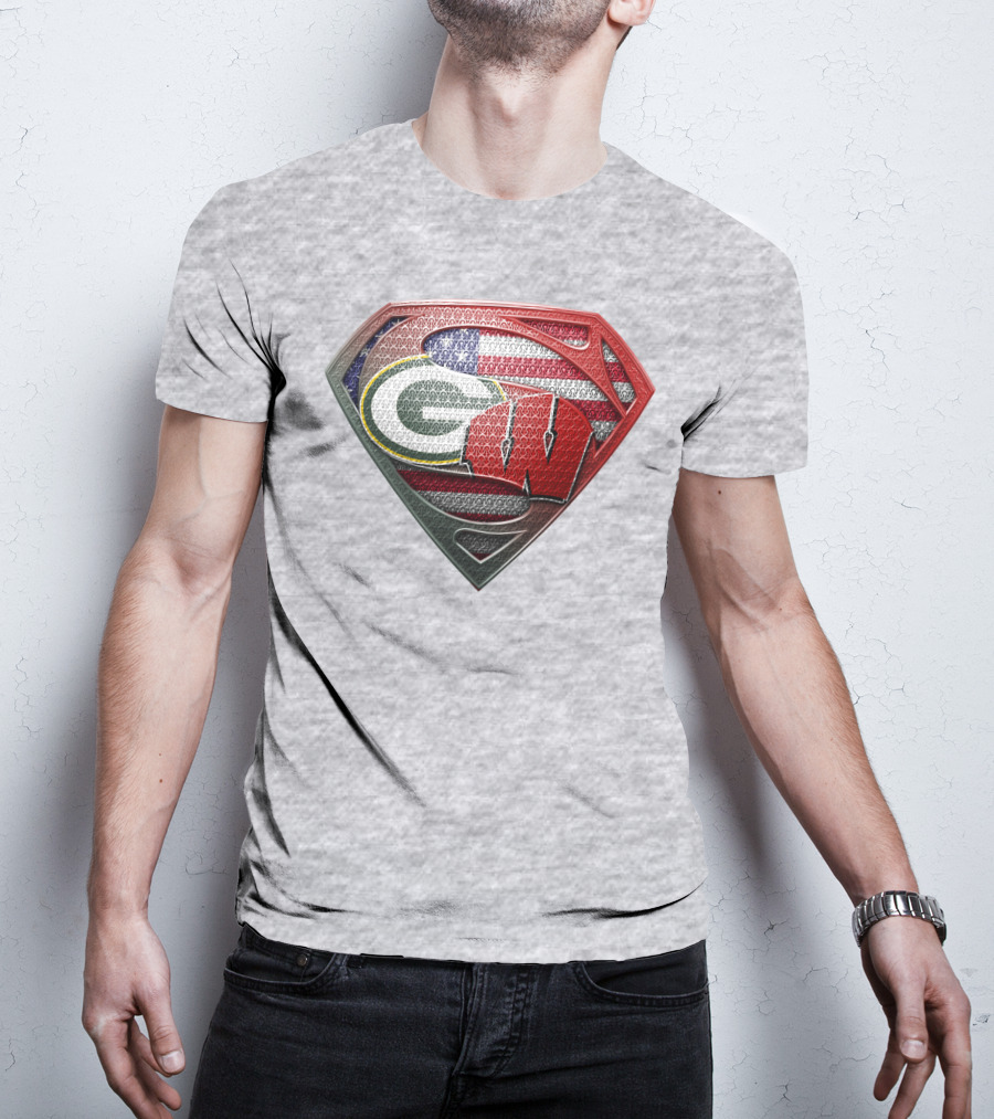 Green Bay Packers Wisconsin Badgers American Flag Superman Shield T-Shirt