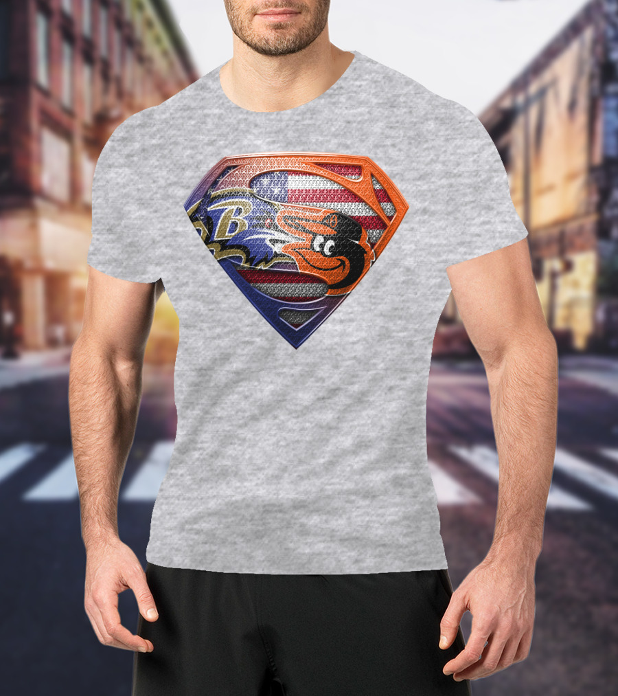 Baltimore Ravens Orioles American Flag Superman Shield T-Shirt