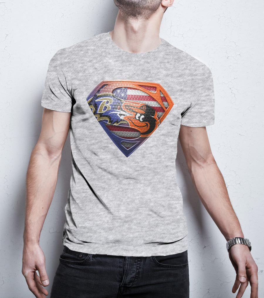 Baltimore Ravens Orioles American Flag Superman Shield T-Shirt