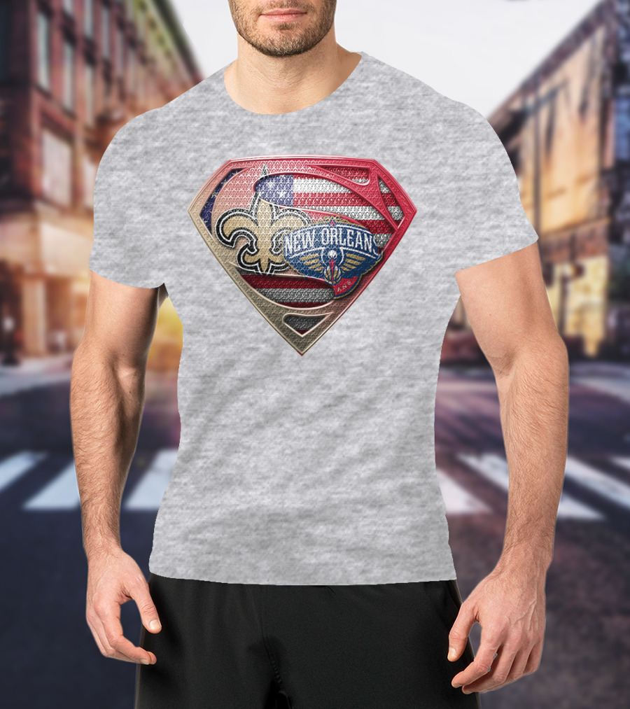 Superman Shield New Orleans Saints Pelicans American Flag T-Shirt