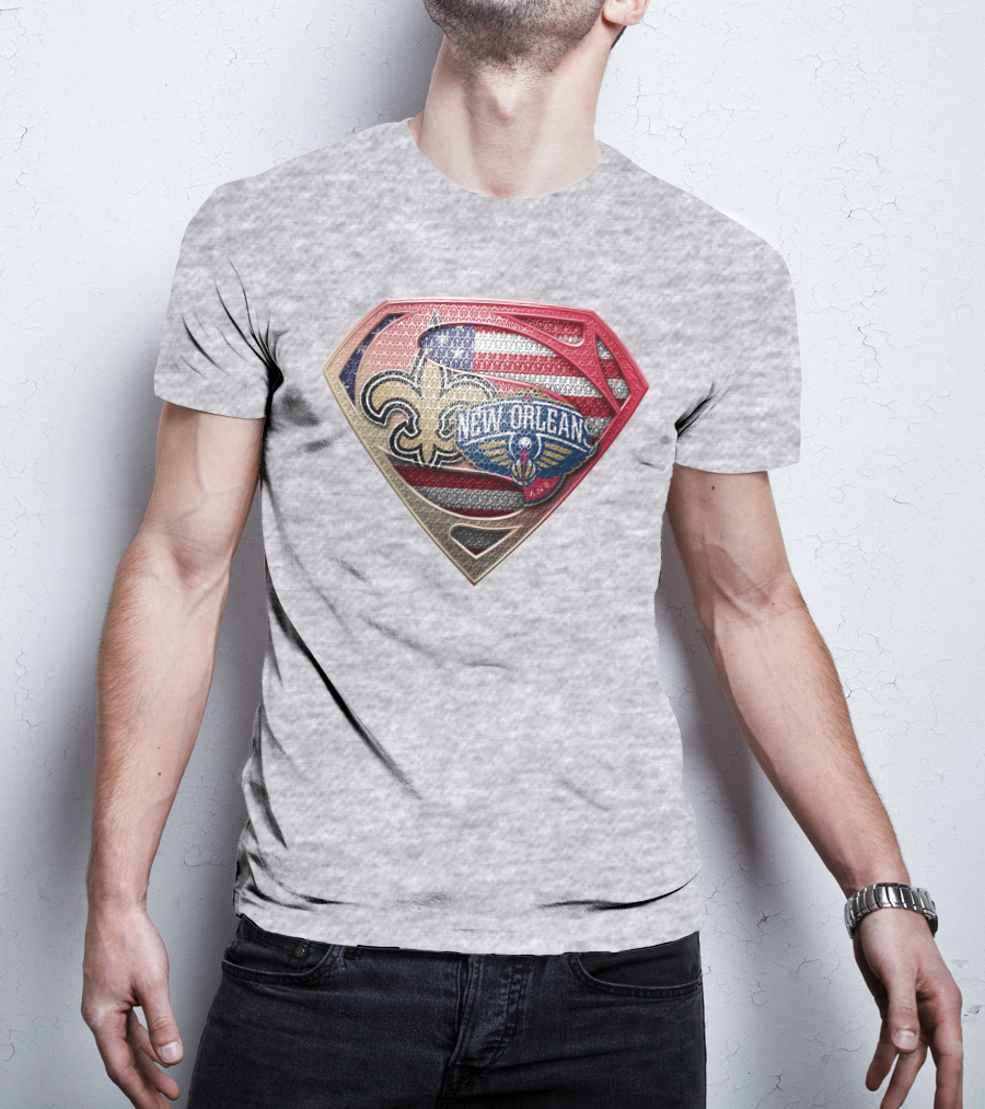 Superman Shield New Orleans Saints Pelicans American Flag T-Shirt