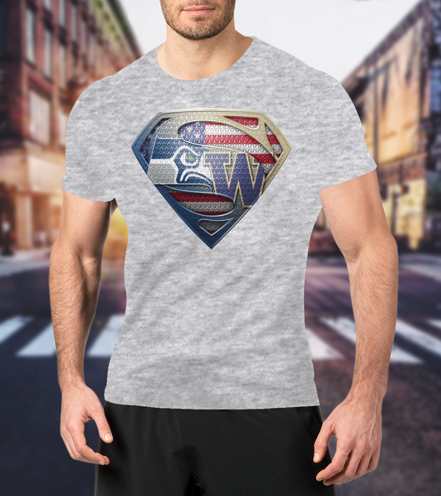 Superman Logo Seahawks W American Flag Hybrid T-Shirt