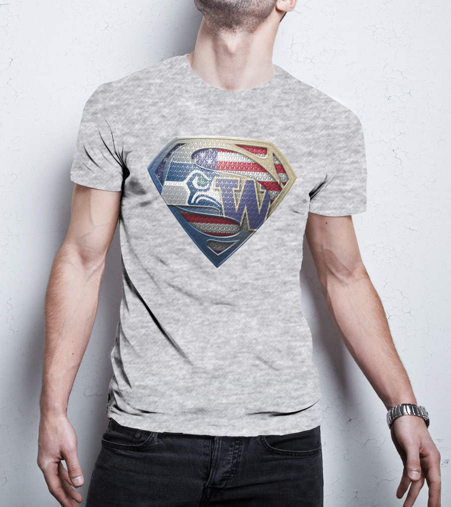 Superman Logo Seahawks W American Flag Hybrid T-Shirt