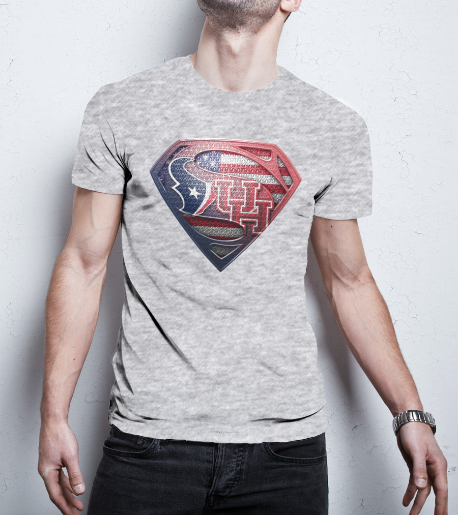 Houston Texans And University Of Houston Super Shield With American Flag T-Shirt