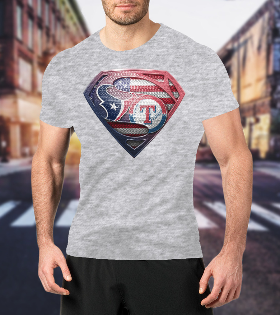 Superman Shield Houston Texans And Texas Rangers American Flag T-Shirt