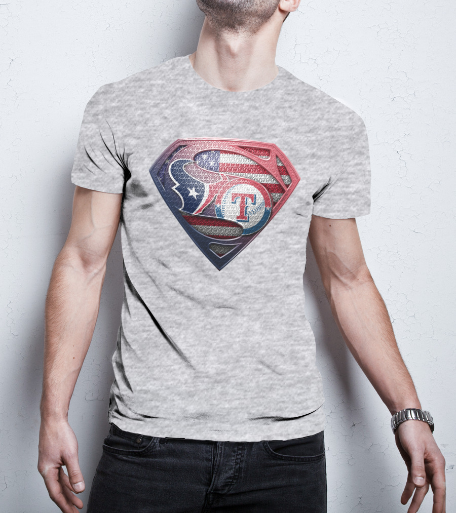 Superman Shield Houston Texans And Texas Rangers American Flag T-Shirt