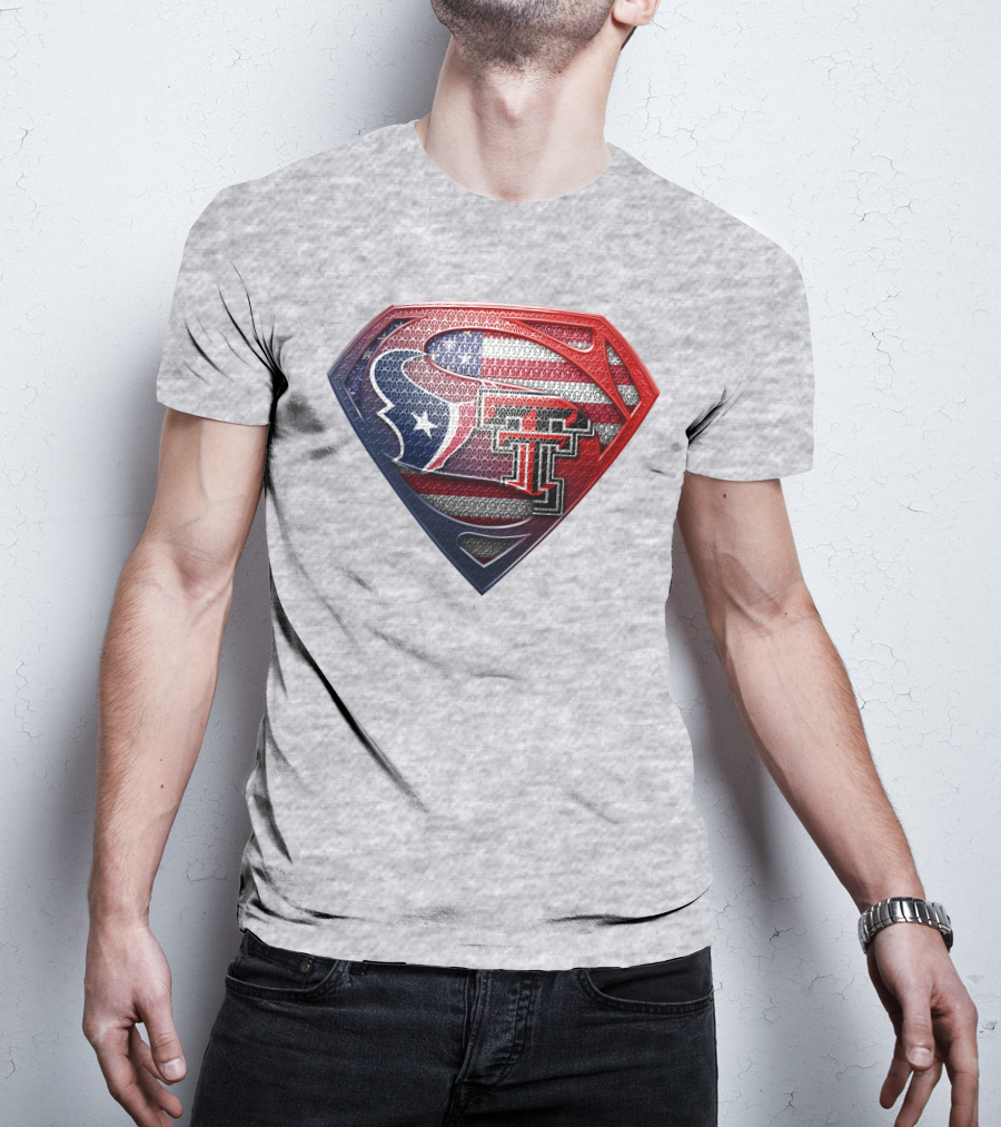 Superman Shield Texas Tech Red Raiders Houston Texans Usa Flag T-Shirt