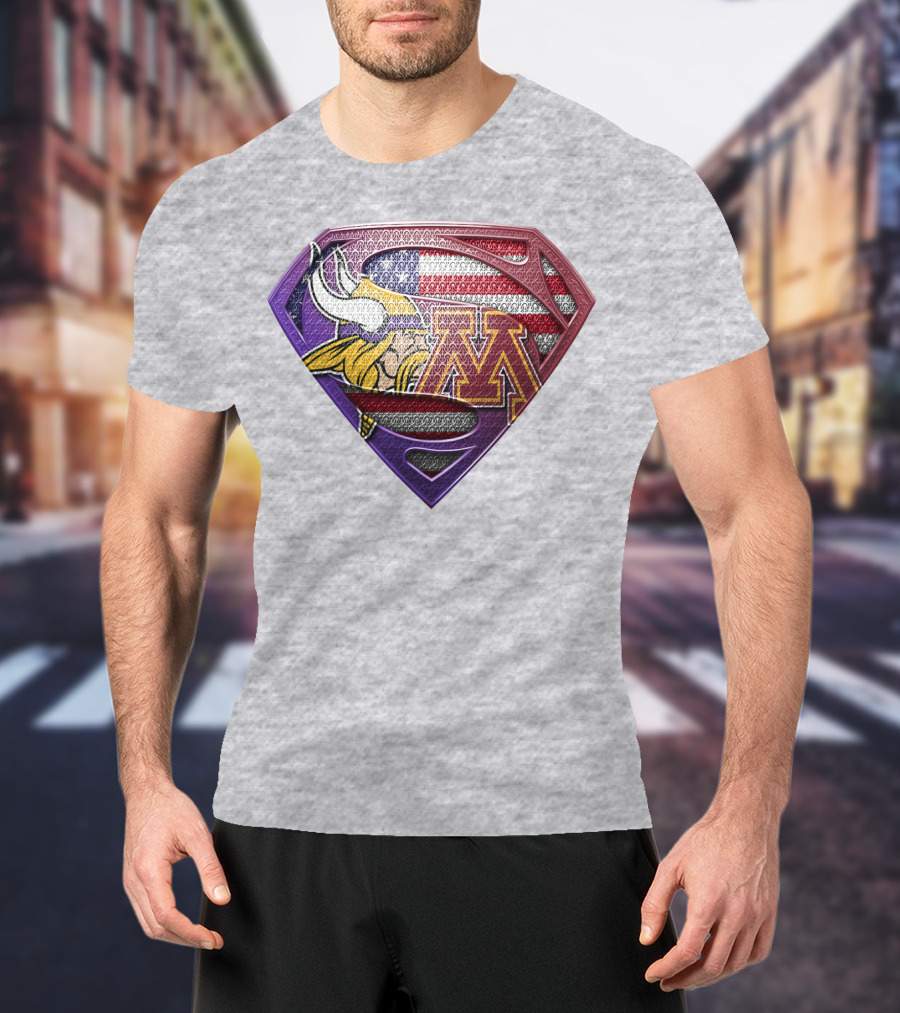 Minnesota Vikings And Golden Gophers American Flag Superman T-Shirt