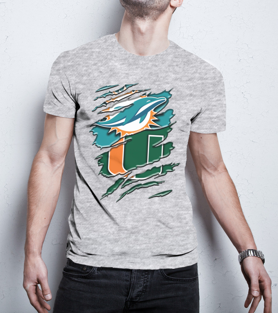 Miami Dolphins And University Of Miami Hurricanes Torn Design Rah 052 T-Shirt