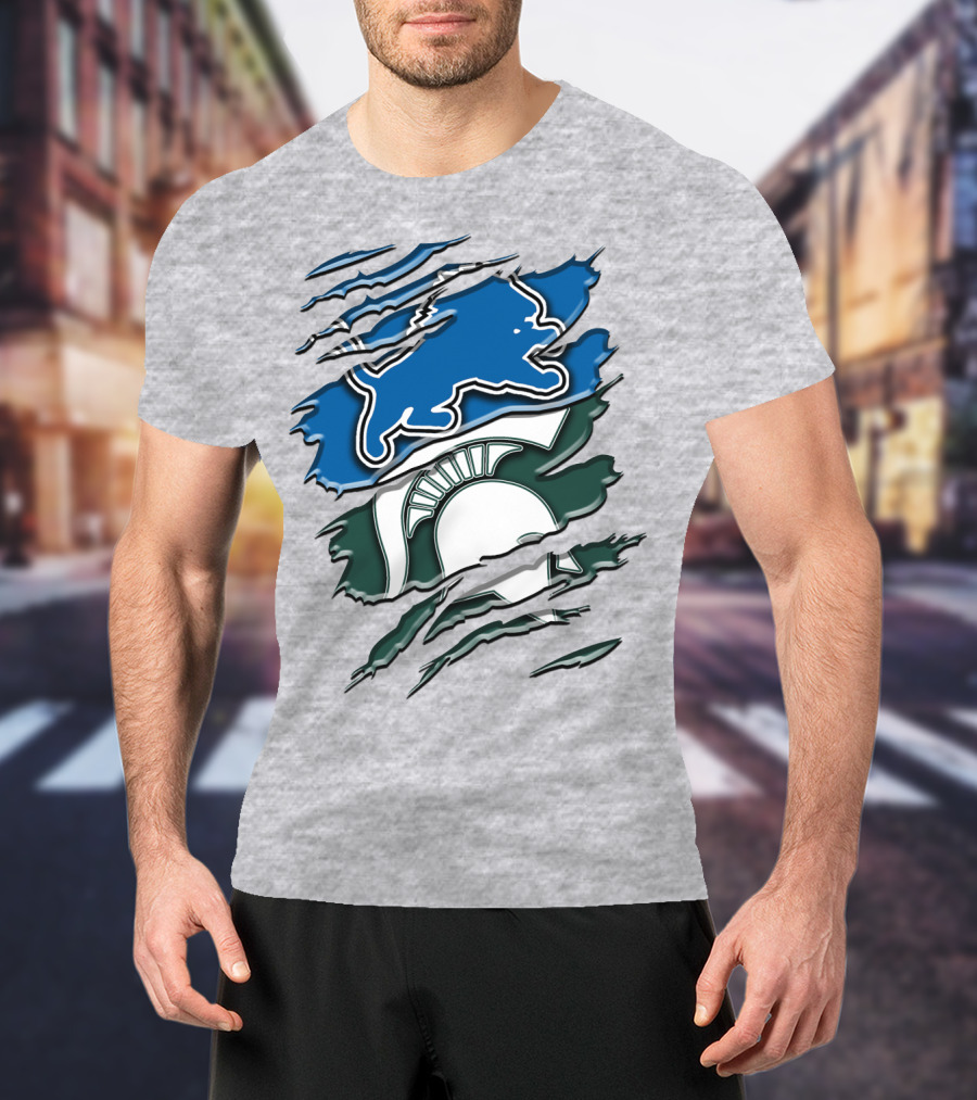 Detroit Lions Michigan State Spartans Ripped Claw Scratch Design Rah 076 T-Shirt