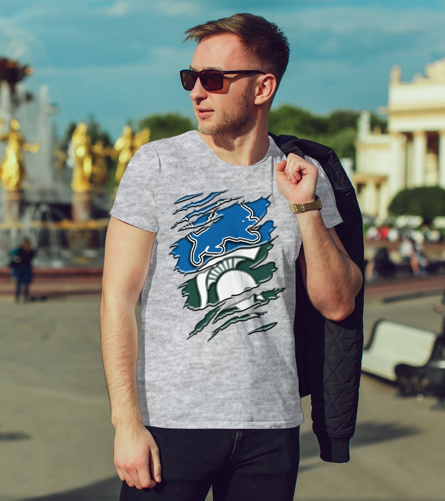 Detroit Lions Michigan State Spartans Ripped Claw Scratch Design Rah 076 T-Shirt