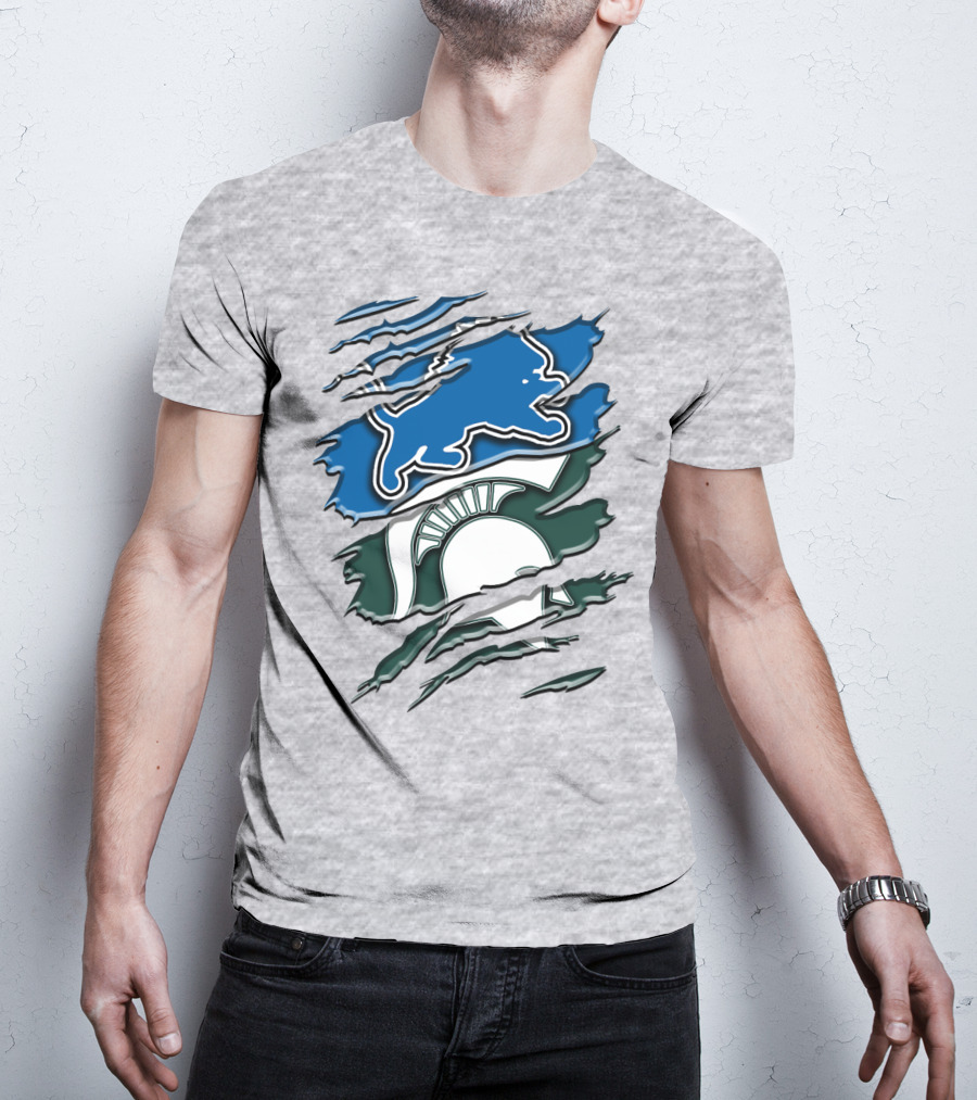 Detroit Lions Michigan State Spartans Ripped Claw Scratch Design Rah 076 T-Shirt