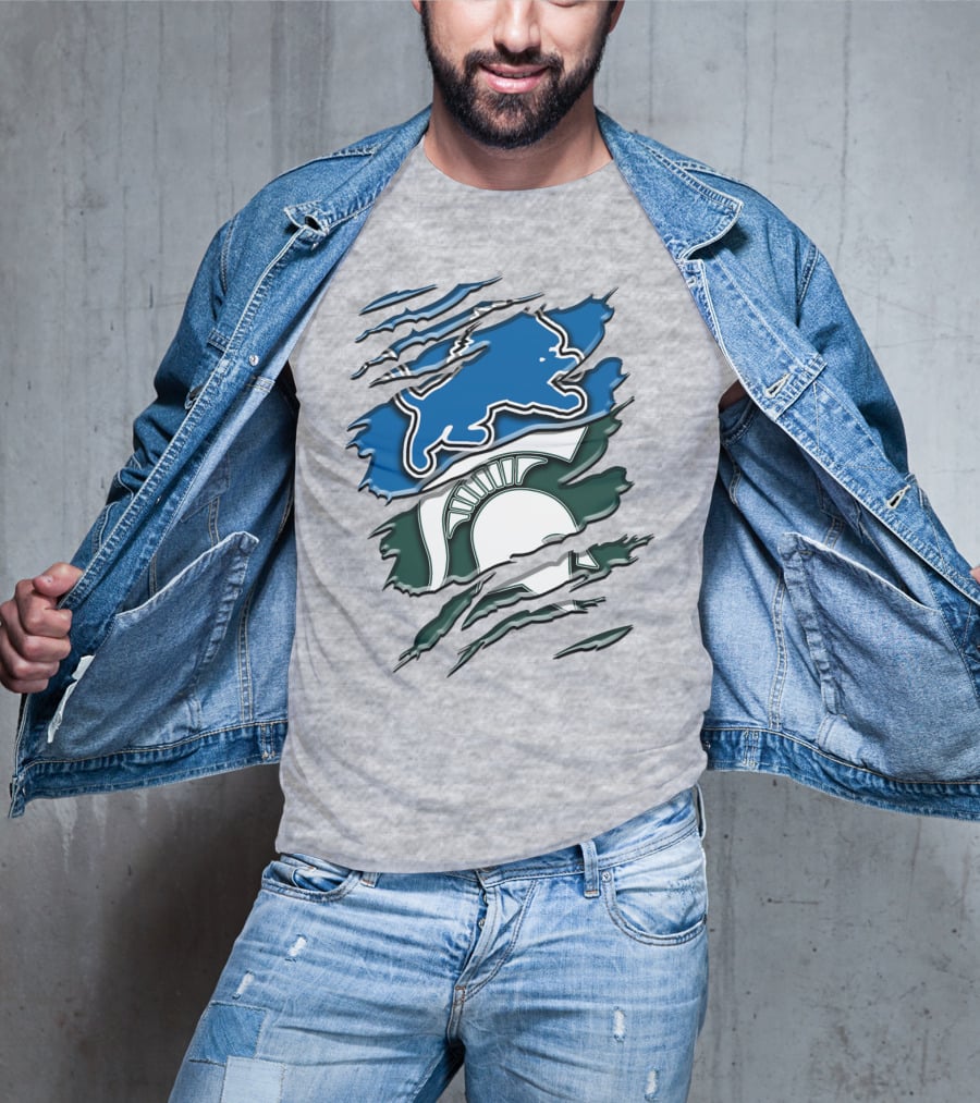 Detroit Lions Michigan State Spartans Ripped Claw Scratch Design Rah 076 T-Shirt
