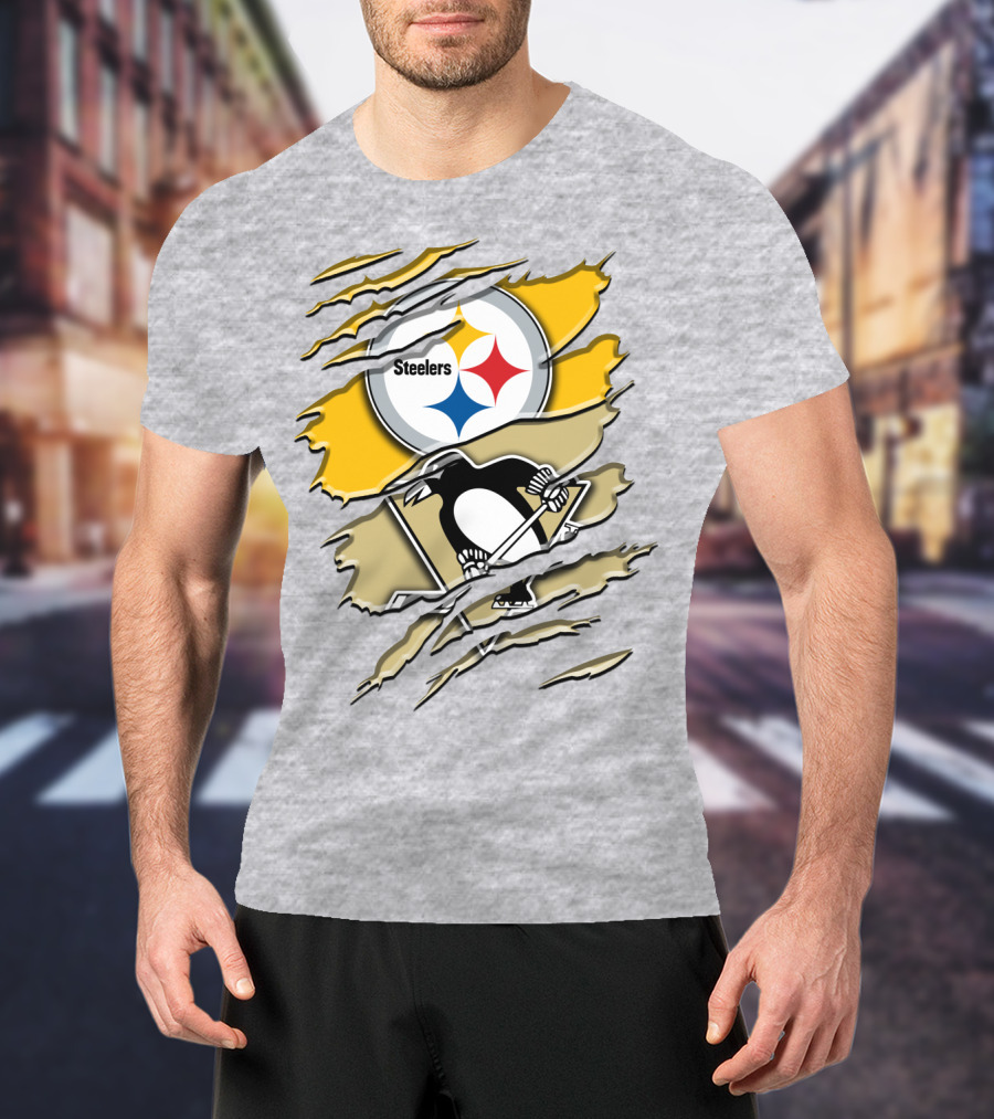 Steelers Penguins Torn Scratches Logo Collaboration T-Shirt