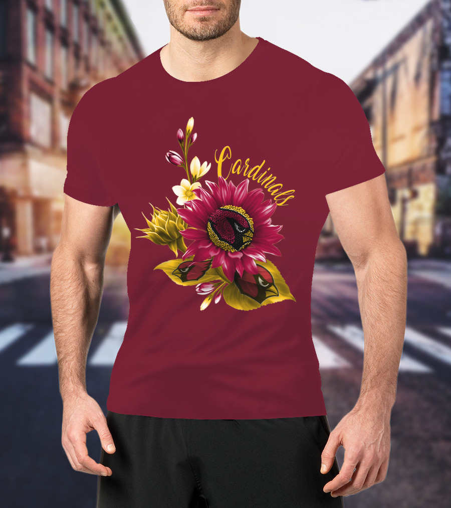 Cardinals Floral Sunflower And Bird Art On Red T-Shirt