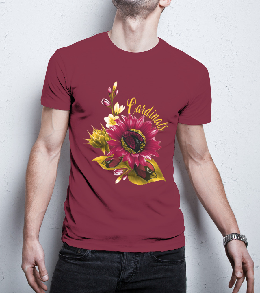 Cardinals Floral Sunflower And Bird Art On Red T-Shirt
