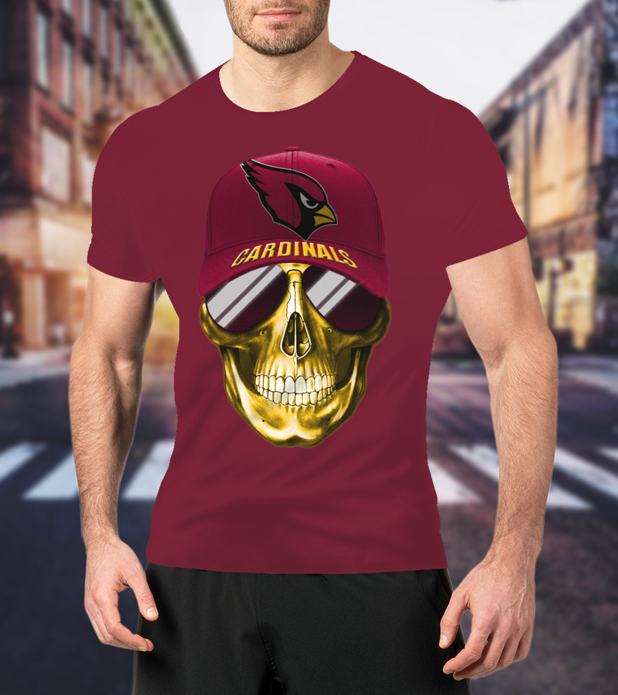 Arizona Cardinals Skull With Hat And Sunglasses T-Shirt