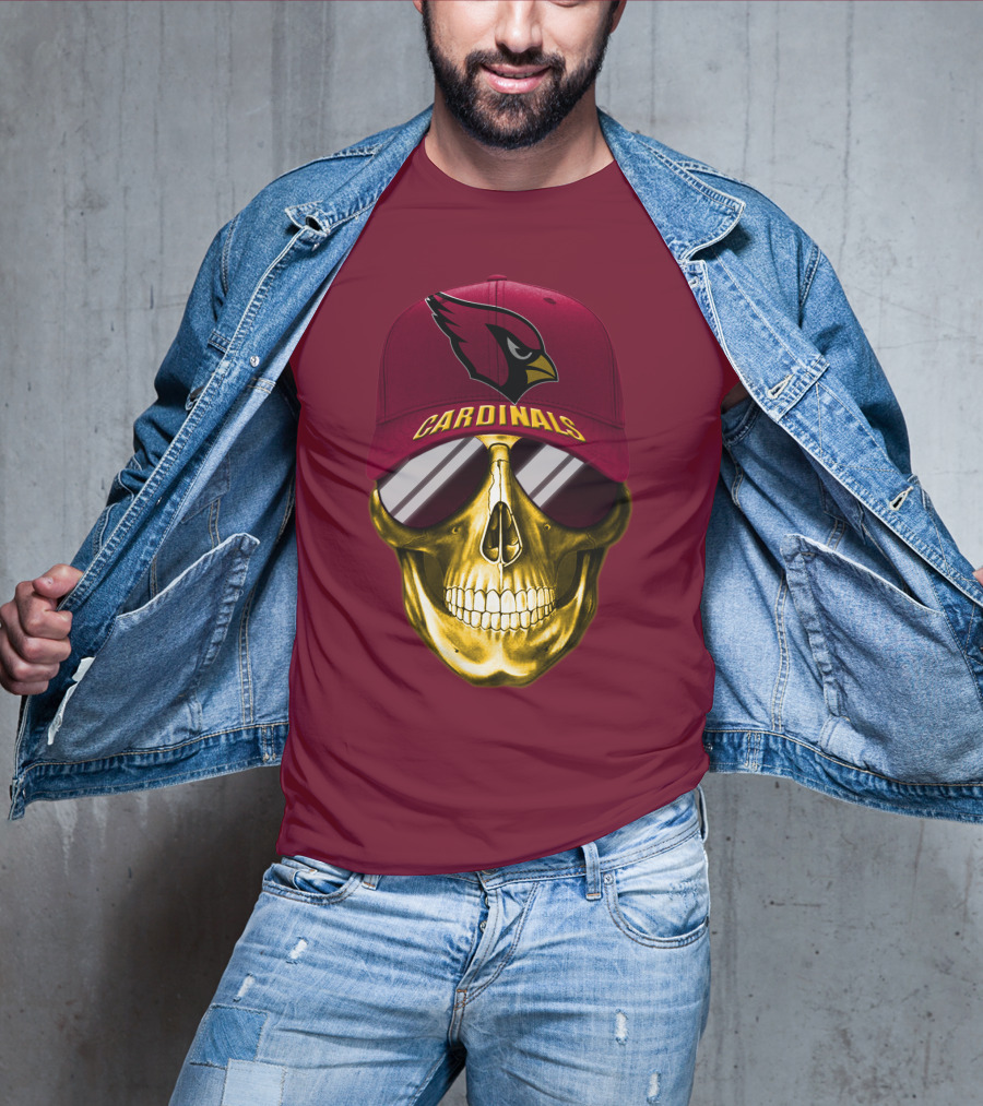 Arizona Cardinals Skull With Hat And Sunglasses T-Shirt