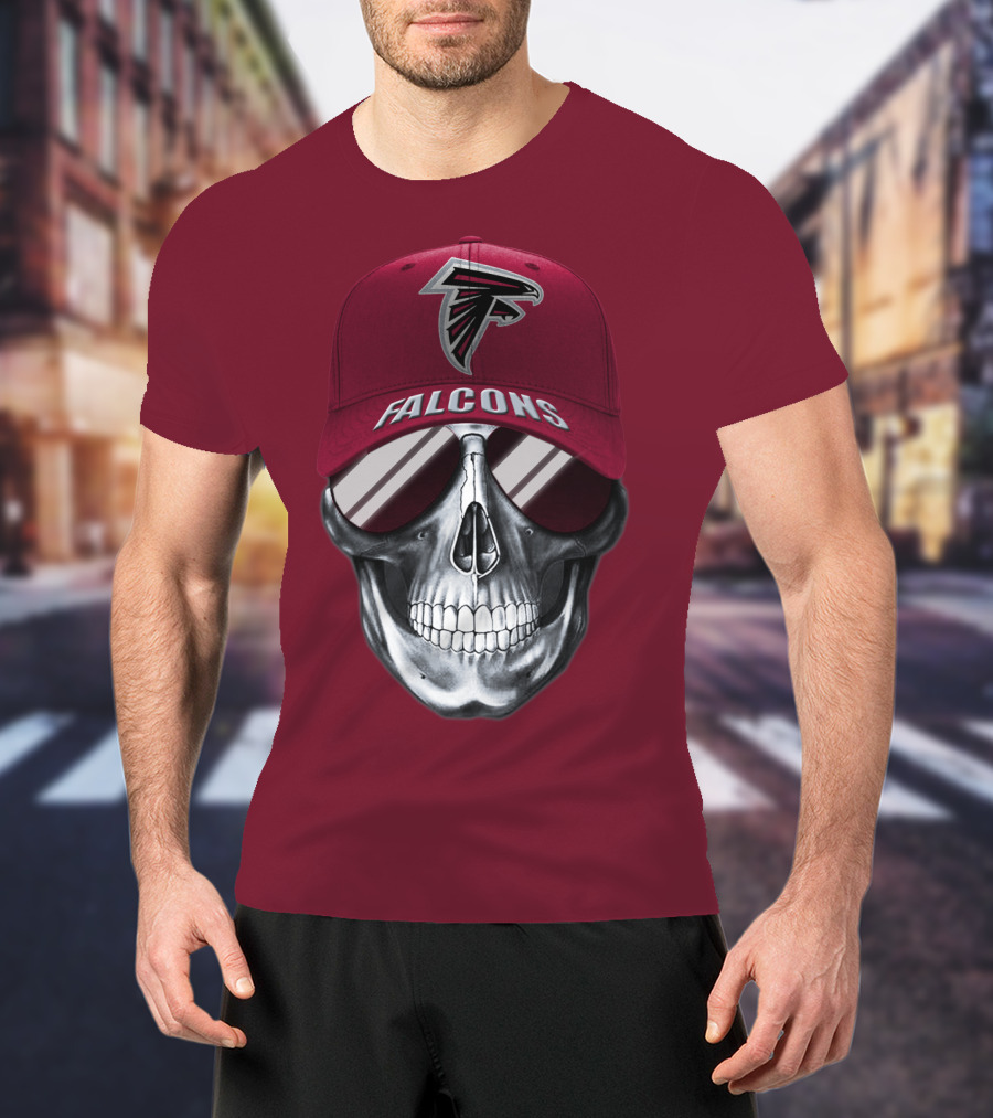 Atlanta Falcons Skull With Logo Hat And Sunglasses T-Shirt