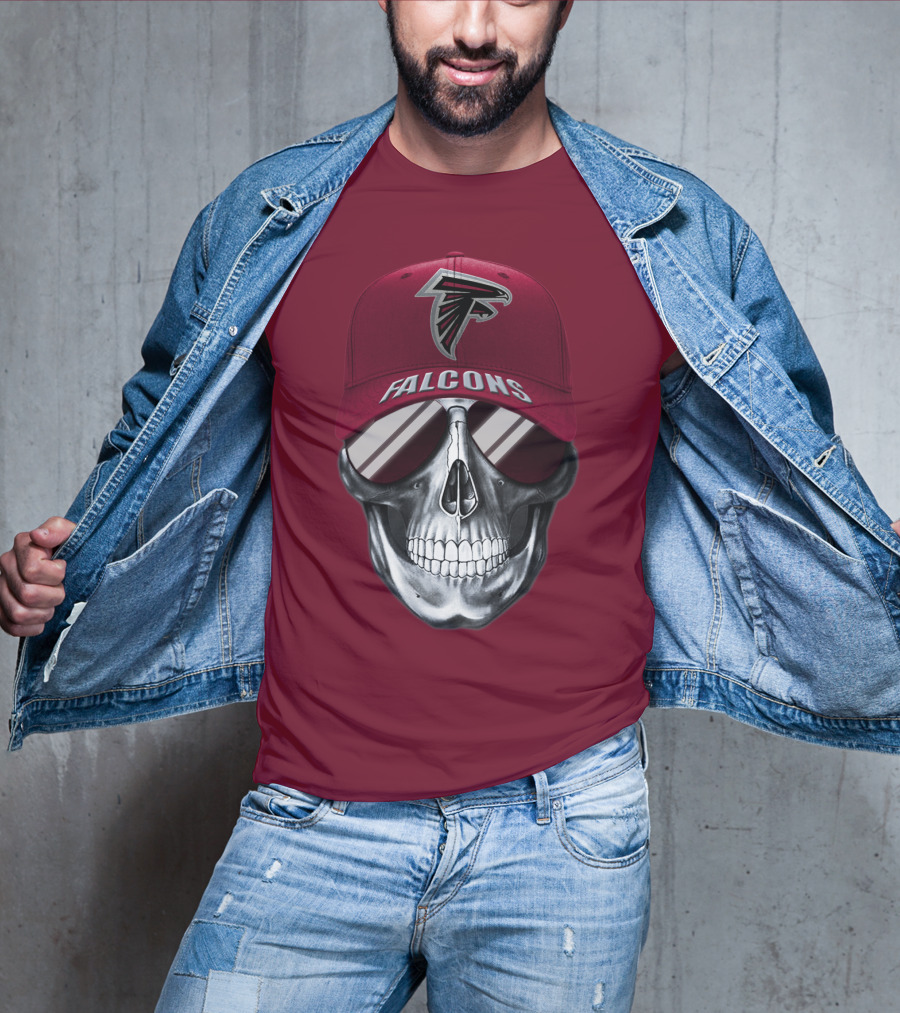 Atlanta Falcons Skull With Logo Hat And Sunglasses T-Shirt