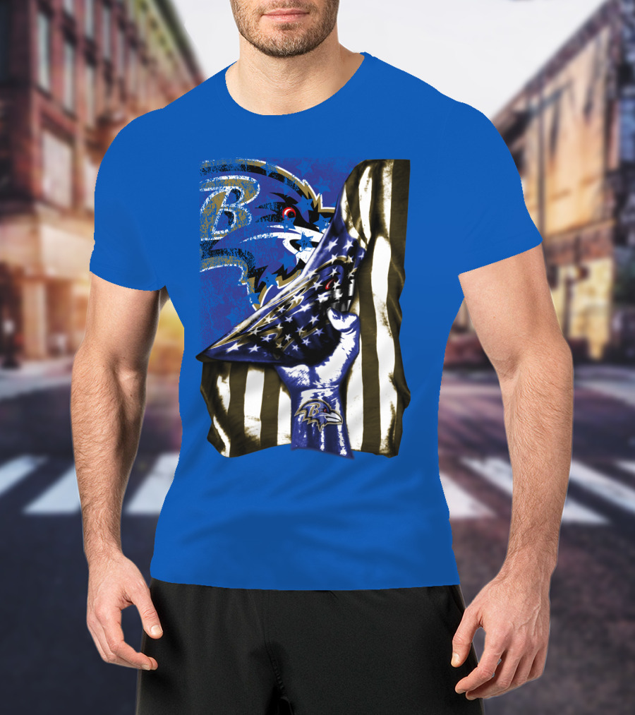 Baltimore Ravens Logo With American Flag Integration T-Shirt