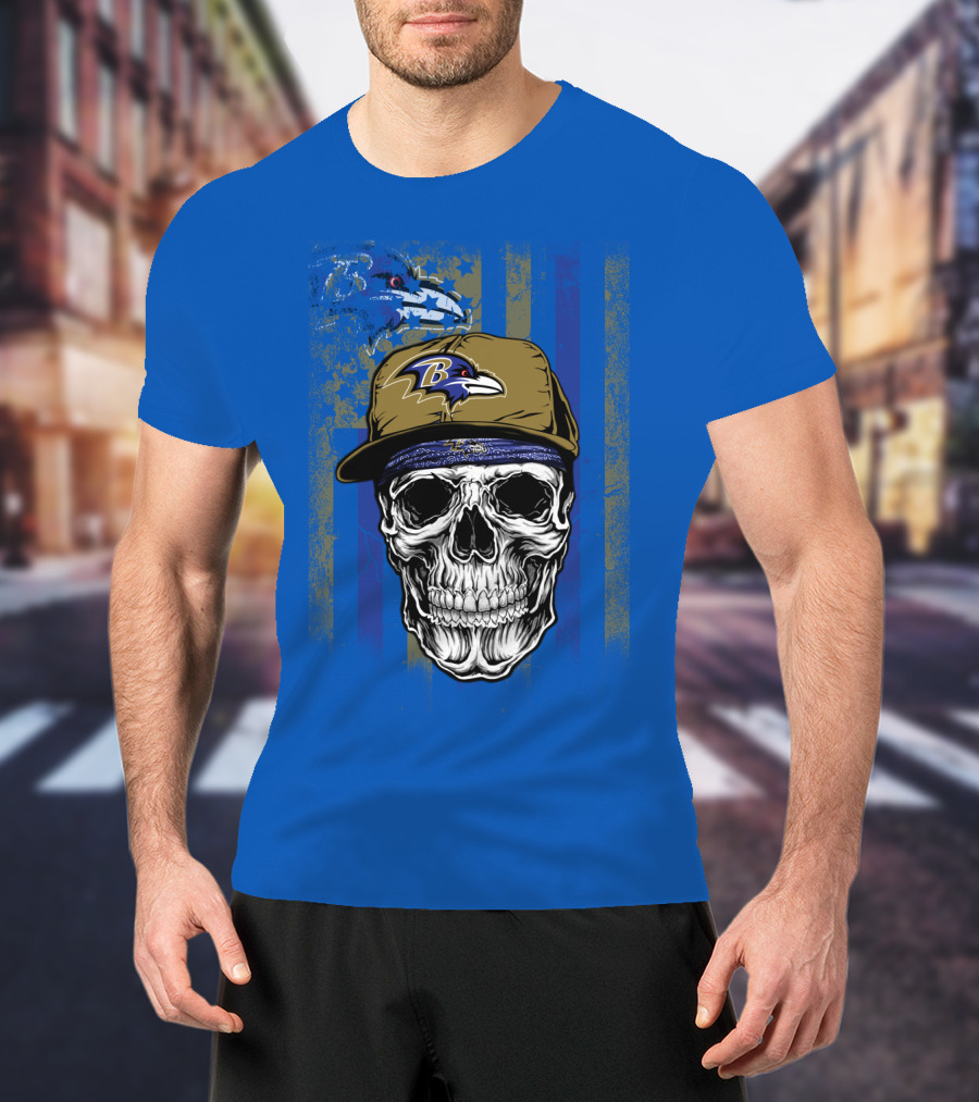 Baltimore Ravens Skull With Hat And Stylized Flag Elements T-Shirt