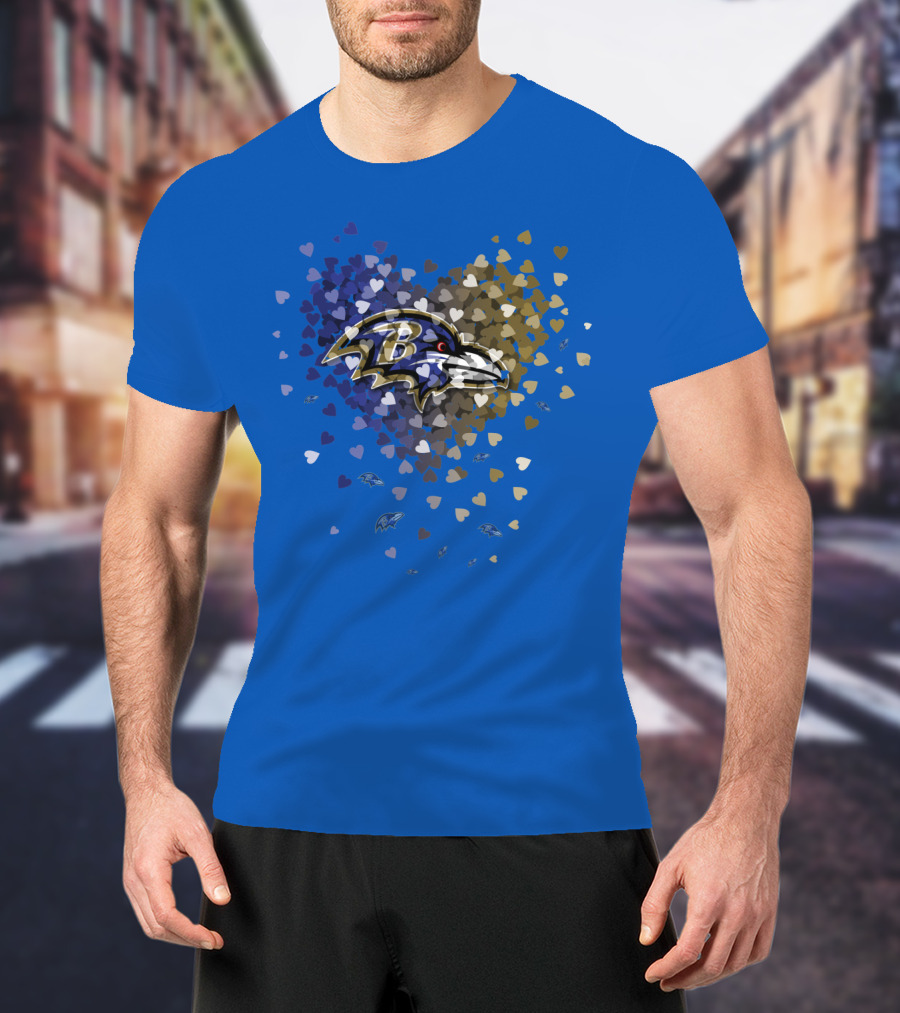 Baltimore Ravens Heart Design With Logo And Multicolored Hearts T-Shirt