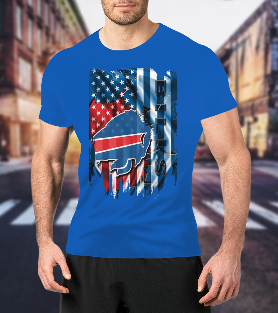 Buffalo Bills American Flag Collage With Team Logo And Bold Vertical T-Shirt