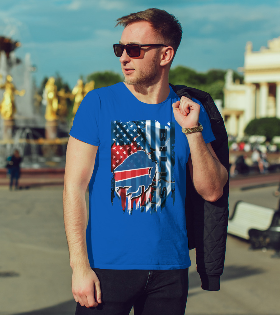 Buffalo Bills American Flag Collage With Team Logo And Bold Vertical T-Shirt