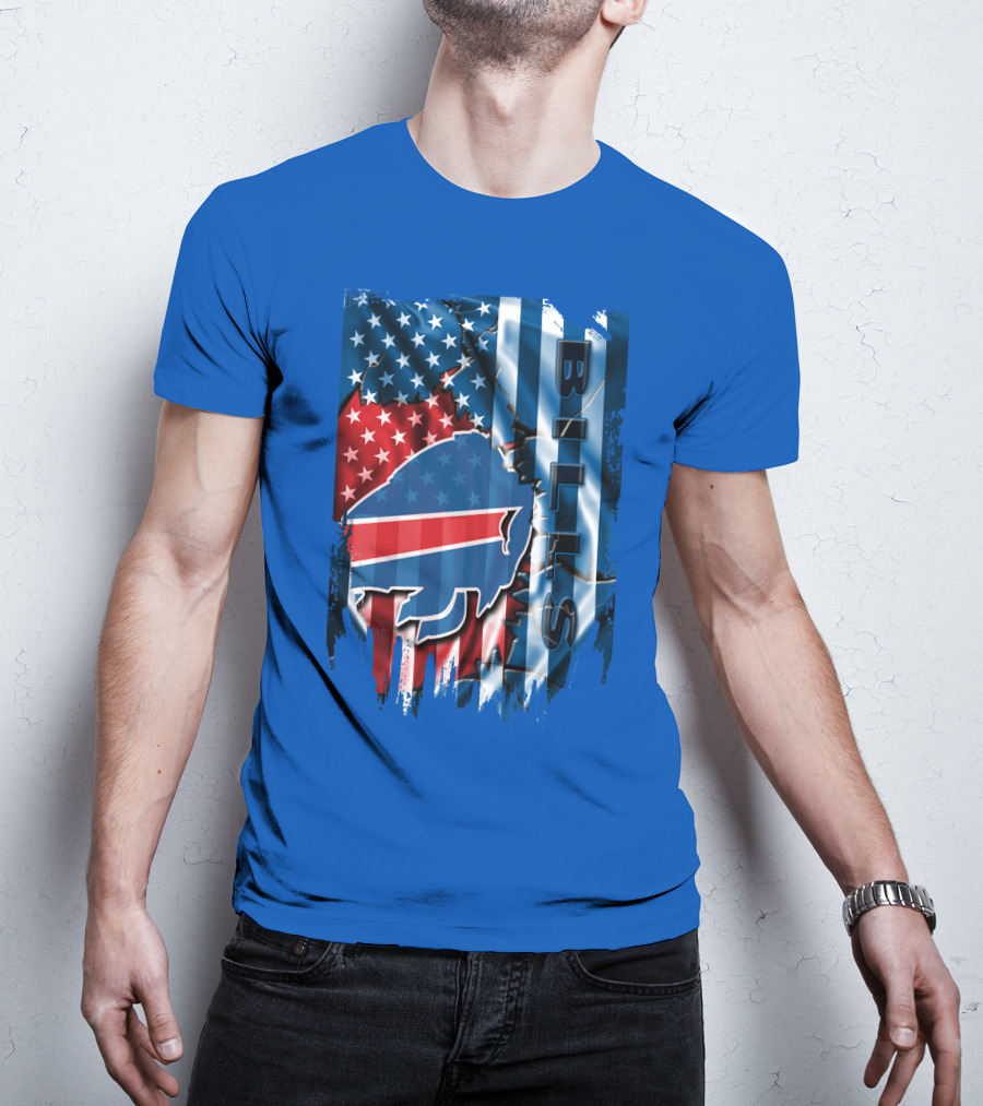 Buffalo Bills American Flag Collage With Team Logo And Bold Vertical T-Shirt