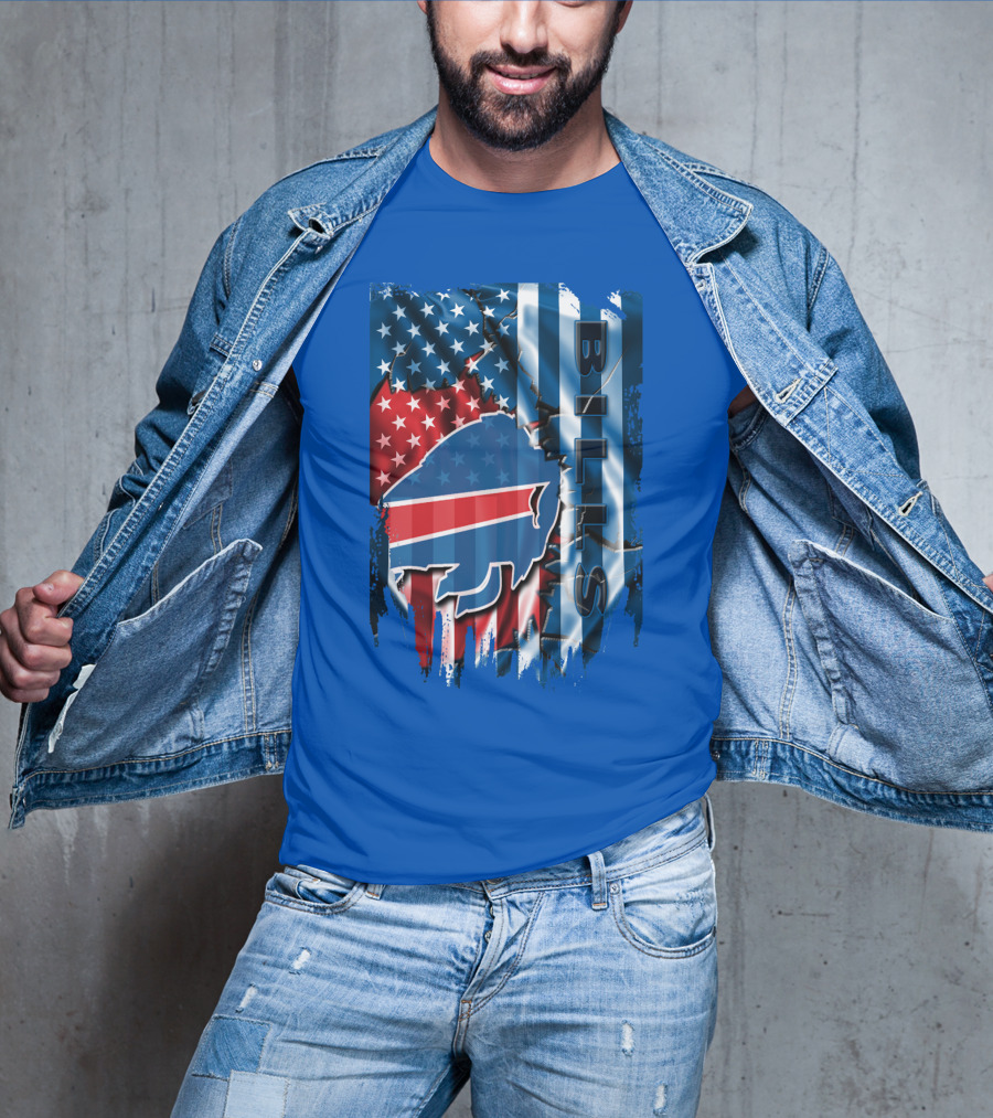 Buffalo Bills American Flag Collage With Team Logo And Bold Vertical T-Shirt