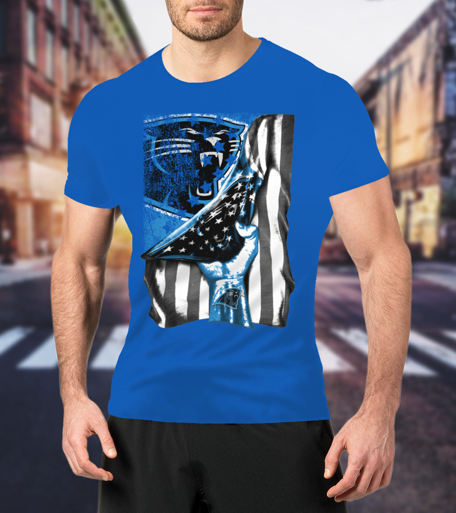 Carolina Panthers American Flag Hand Blue Graphic Fan Merchandise T-Shirt