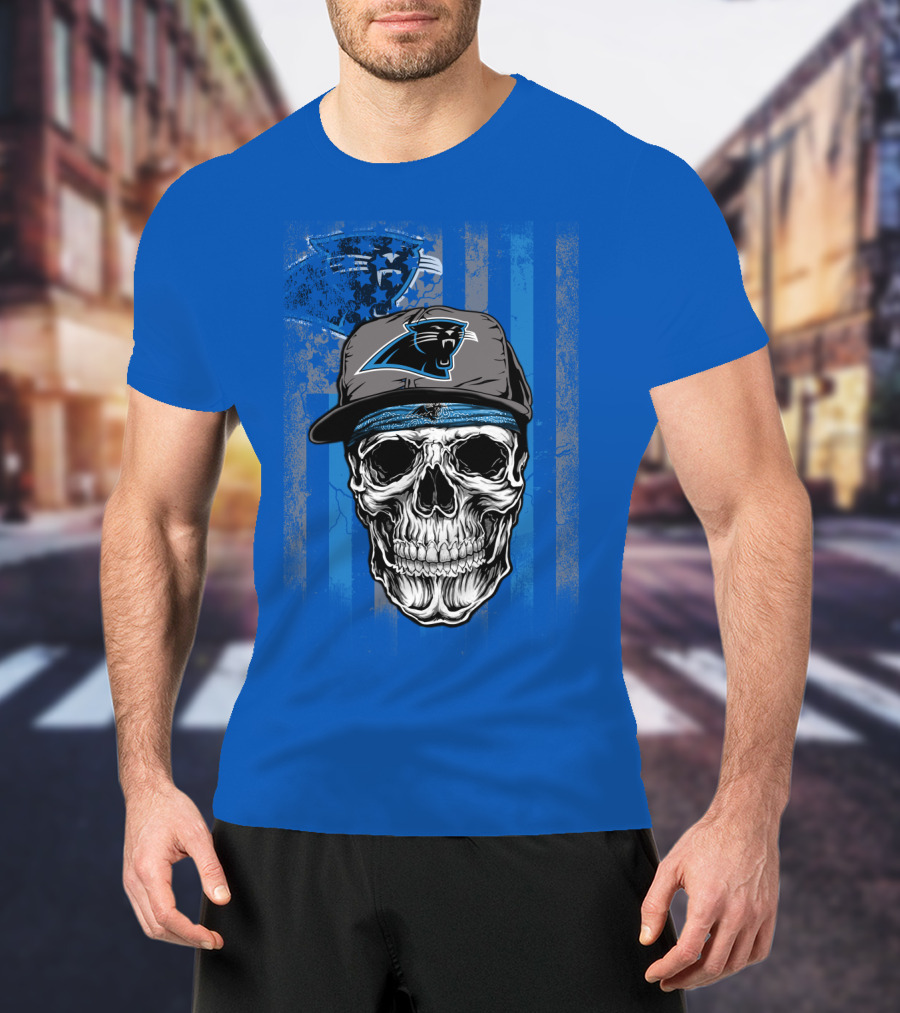 Carolina Panthers Skull With Hat And Striped T-Shirt