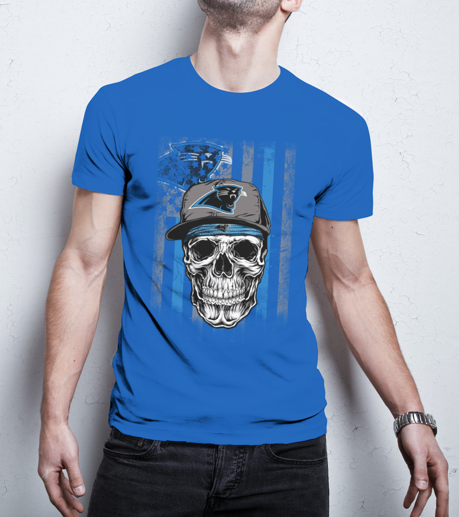 Carolina Panthers Skull With Hat And Striped T-Shirt
